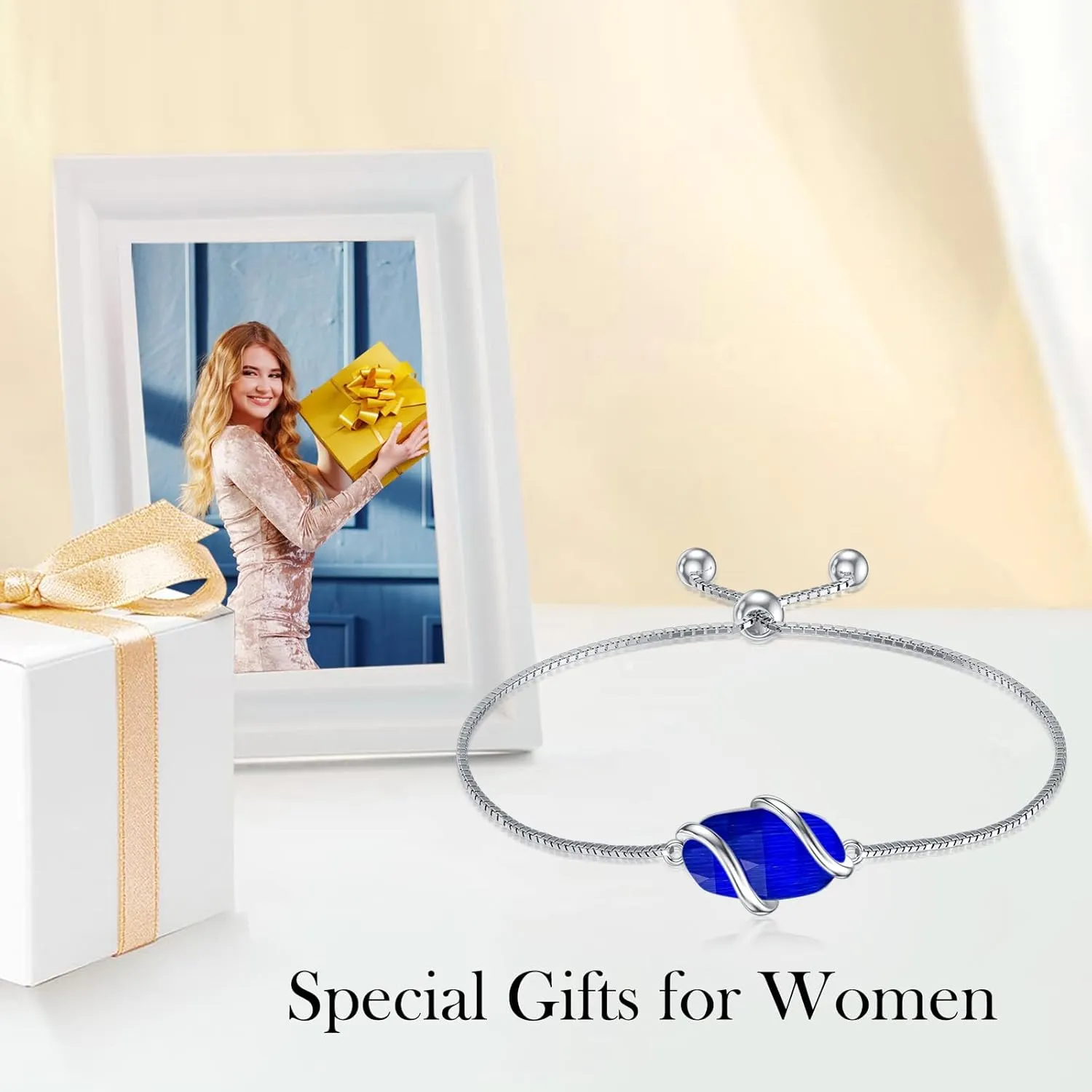 Bracelet for Women 925 Sterling Silver Dainty Simple Gemstone Link Bracelet Fine Jewelry Mothers Day Birthday Gifts for Mom Her (Fully Adjustable to 9 Inches)
