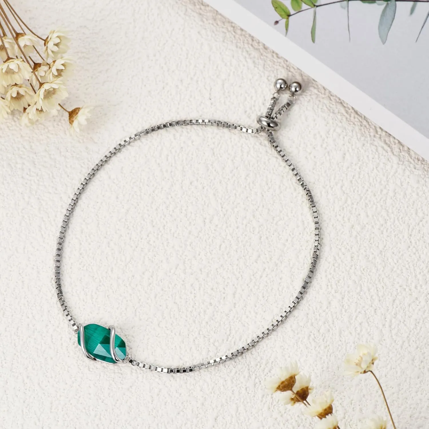 Bracelet for Women 925 Sterling Silver Dainty Simple Gemstone Link Bracelet Fine Jewelry Mothers Day Birthday Gifts for Mom Her (Fully Adjustable to 9 Inches)
