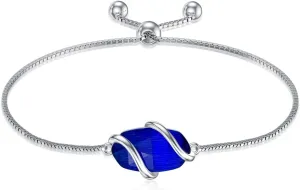 Bracelet for Women 925 Sterling Silver Dainty Simple Gemstone Link Bracelet Fine Jewelry Mothers Day Birthday Gifts for Mom Her (Fully Adjustable to 9 Inches)