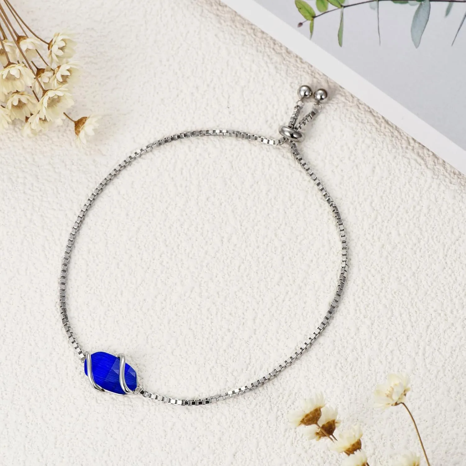 Bracelet for Women 925 Sterling Silver Dainty Simple Gemstone Link Bracelet Fine Jewelry Mothers Day Birthday Gifts for Mom Her (Fully Adjustable to 9 Inches)