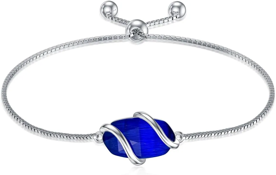 Bracelet for Women 925 Sterling Silver Dainty Simple Gemstone Link Bracelet Fine Jewelry Mothers Day Birthday Gifts for Mom Her (Fully Adjustable to 9 Inches)