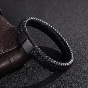 Braided Leather Bracelet Stainless Steel Magnetic