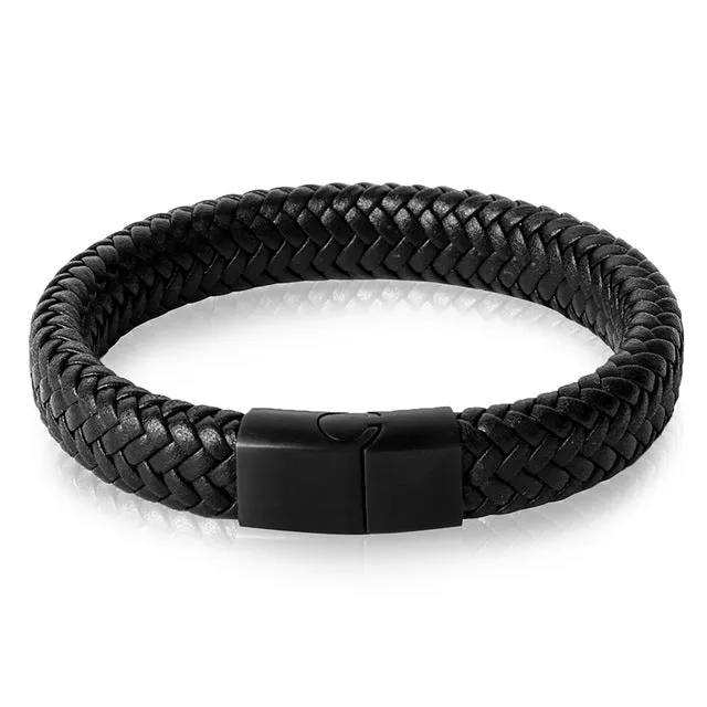 Braided Leather Bracelet Stainless Steel Magnetic