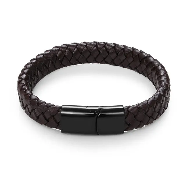 Braided Leather Bracelet Stainless Steel Magnetic
