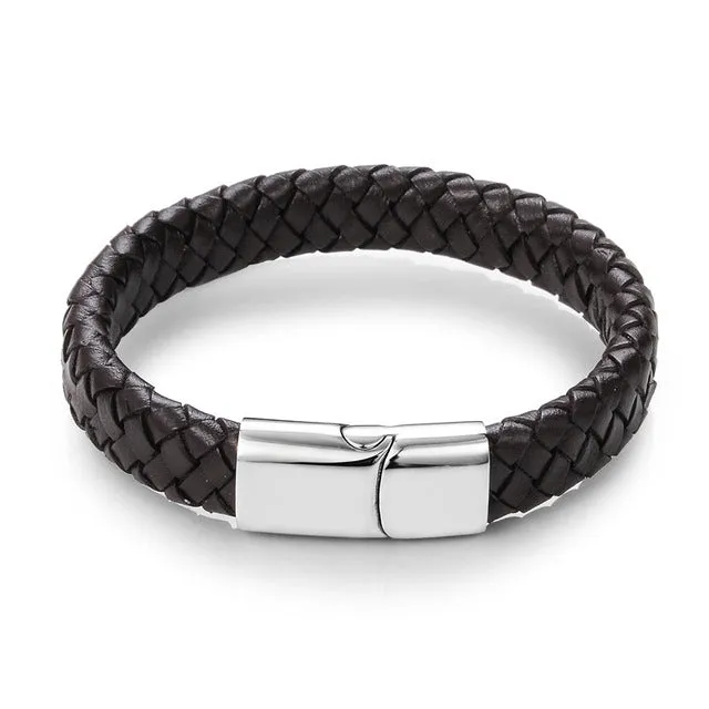 Braided Leather Bracelet Stainless Steel Magnetic