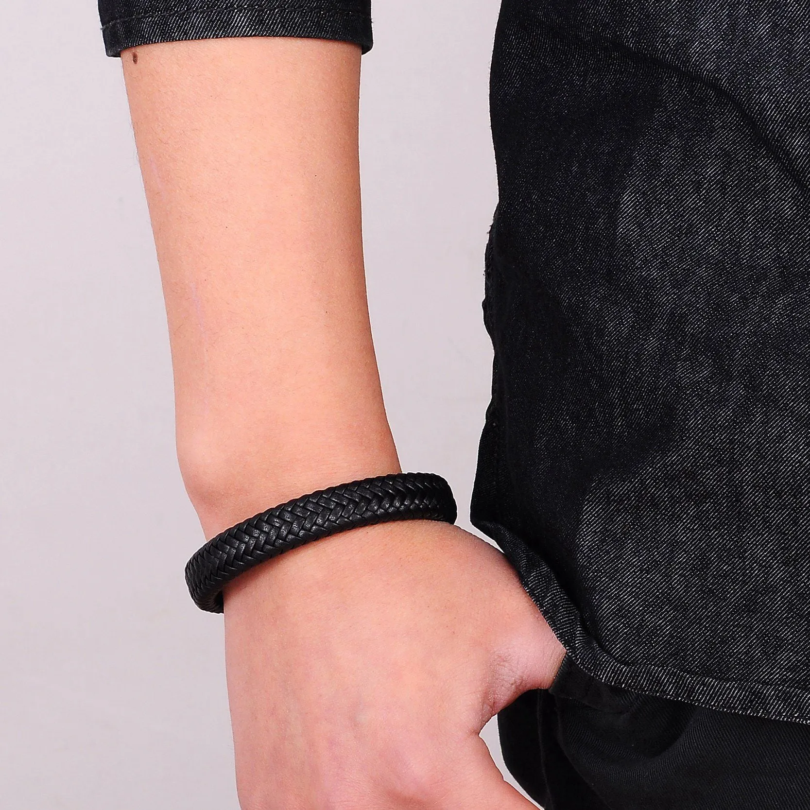 Braided Leather Bracelet Stainless Steel Magnetic