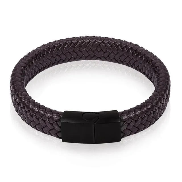 Braided Leather Bracelet Stainless Steel Magnetic