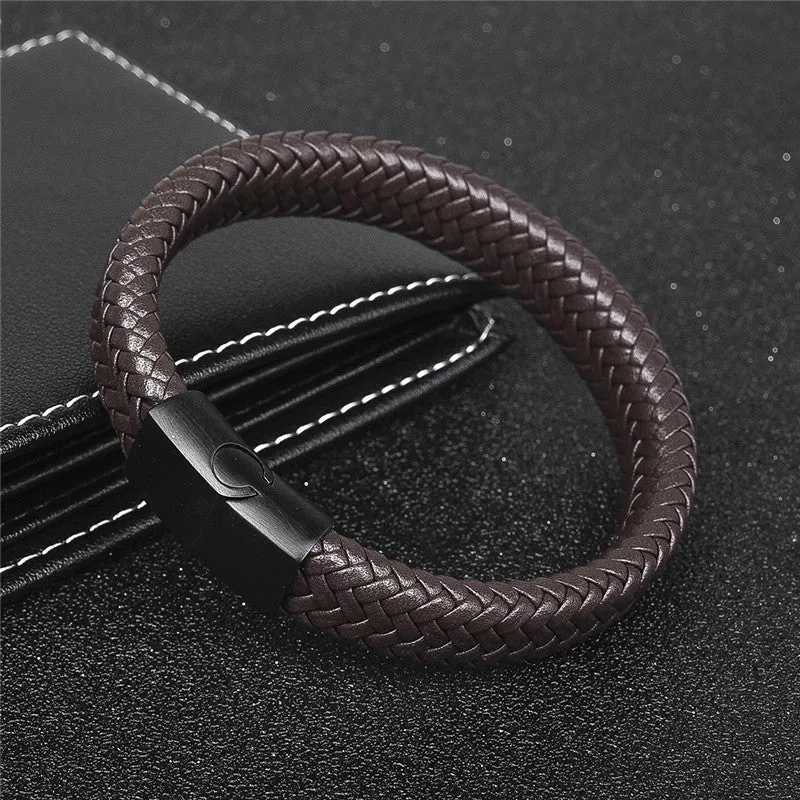 Braided Leather Bracelet Stainless Steel Magnetic