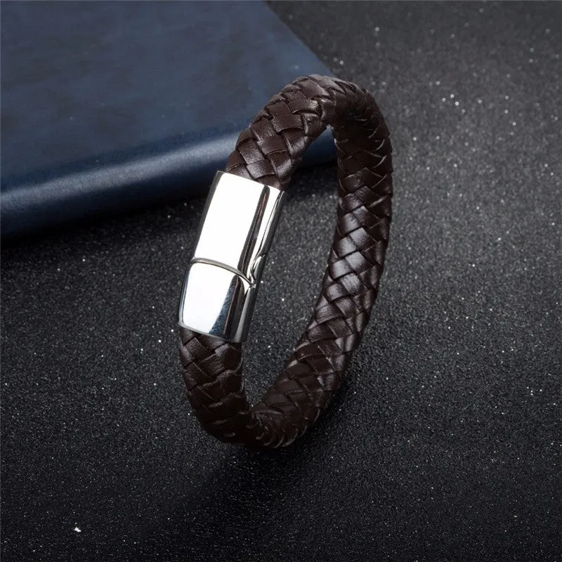 Braided Leather Bracelet Stainless Steel Magnetic