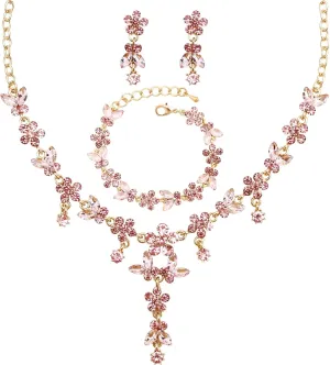 Bridal Wedding Austrian Crystal Teardrop Pendant Necklace Earring Bracelet Costume Statement Accessories Jewelry Set for Women and Bridesmaids