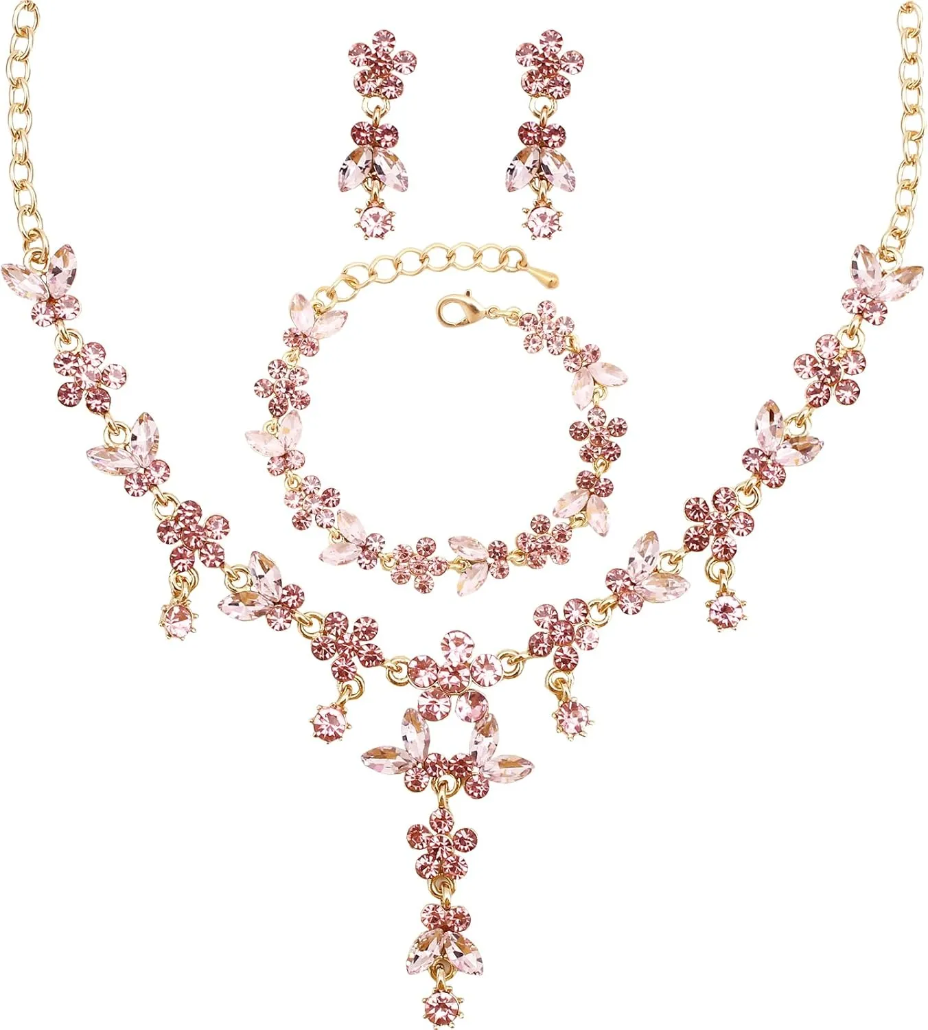 Bridal Wedding Austrian Crystal Teardrop Pendant Necklace Earring Bracelet Costume Statement Accessories Jewelry Set for Women and Bridesmaids