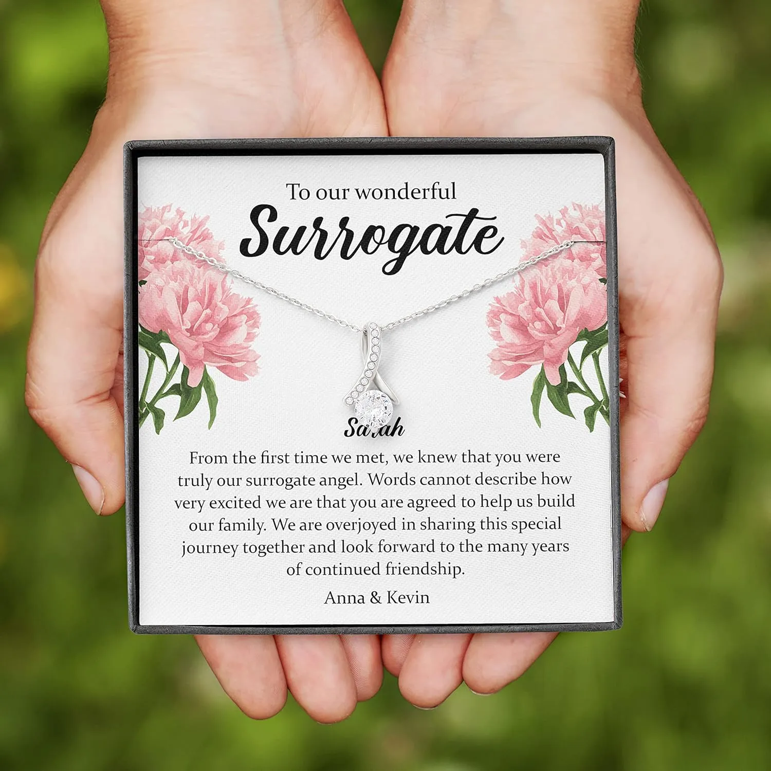 Bubble Hugs Personalized Surrogate Necklace Silver Plated - to Our Wonderful Surrogate - Custom Name Pregnant Mom Mother Thank You