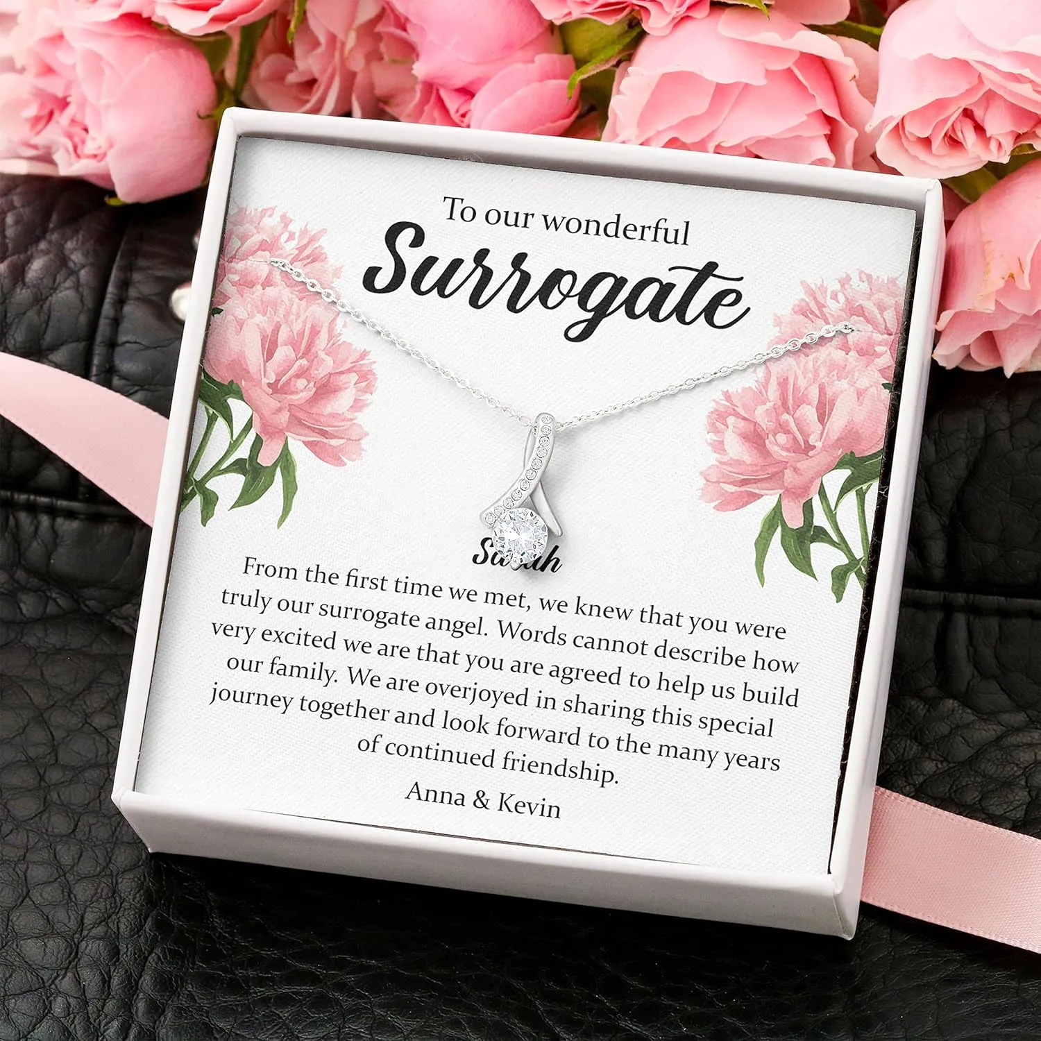 Bubble Hugs Personalized Surrogate Necklace Silver Plated - to Our Wonderful Surrogate - Custom Name Pregnant Mom Mother Thank You