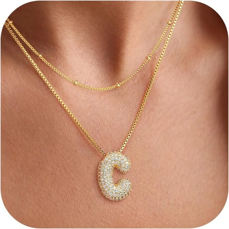 Bubble Letter Necklace, Gold Balloon Initial Necklaces for Women, Cubic Zirconia Dainty Charm Alphabet Pendant, 18K Gold Plated Custom Name Choker, Trendy Puffy Personalized Jewelry