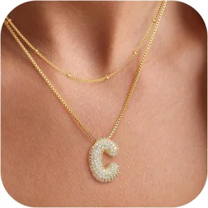 Bubble Letter Necklace, Gold Balloon Initial Necklaces for Women, Cubic Zirconia Dainty Charm Alphabet Pendant, 18K Gold Plated Custom Name Choker, Trendy Puffy Personalized Jewelry