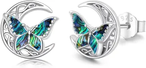 Butterfly Stud Earrings 925 Sterling Silver Celtic Moon Earrings Irish Celtic Jewelry Gifts for Women