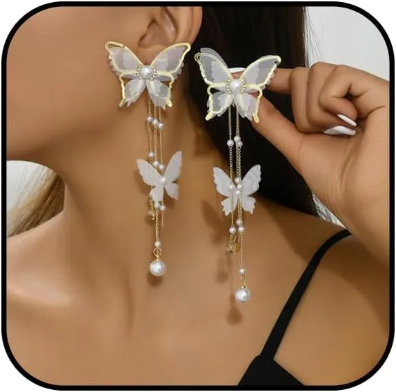 Butterfly Tassel Dangle Earrings for Women White Butterfly Drop Earrings Dainty Pearl Tassel Drop Earrings Long Butterfly Dangle Earrings Wedding Jewelry