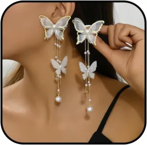 Butterfly Tassel Dangle Earrings for Women White Butterfly Drop Earrings Dainty Pearl Tassel Drop Earrings Long Butterfly Dangle Earrings Wedding Jewelry