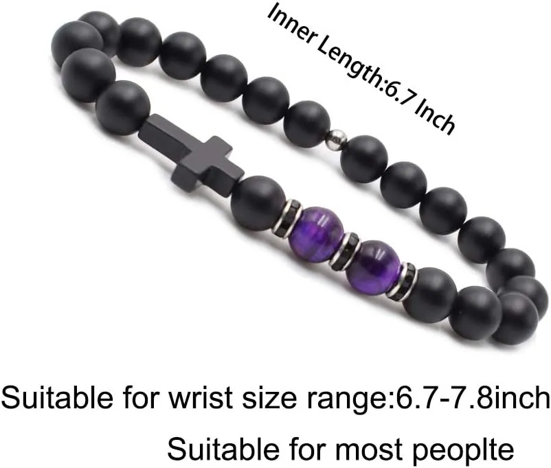 Byson Fashion Religion Cross Men Women 8mm Natural Stone Tiger Eye & Black Matte Agate Beads Bracelet Elastic Bracelet Bangle