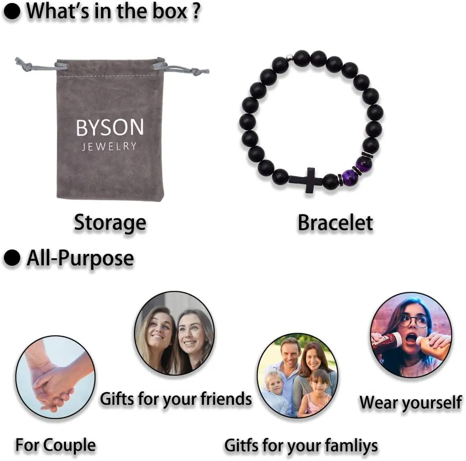 Byson Fashion Religion Cross Men Women 8mm Natural Stone Tiger Eye & Black Matte Agate Beads Bracelet Elastic Bracelet Bangle
