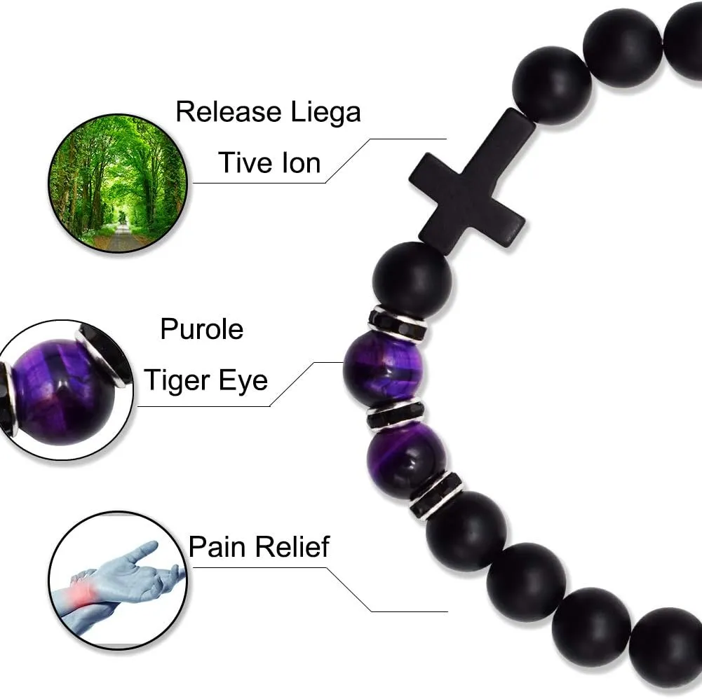 Byson Fashion Religion Cross Men Women 8mm Natural Stone Tiger Eye & Black Matte Agate Beads Bracelet Elastic Bracelet Bangle