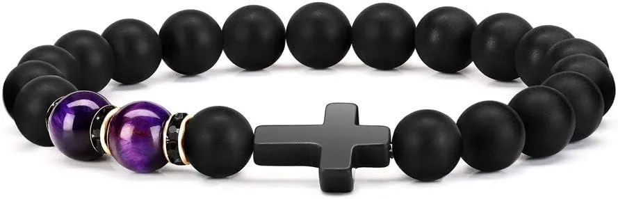 Byson Fashion Religion Cross Men Women 8mm Natural Stone Tiger Eye & Black Matte Agate Beads Bracelet Elastic Bracelet Bangle
