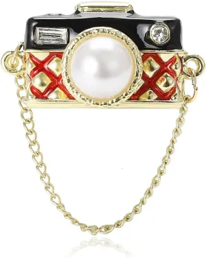 Camera Lapel Brooch Pin for Women Girls Gold Plated Chain Tassel Dangle Faux Pearl Rhinestone Pins Clip Sweater Hat Bag Dress Suit Brooches Fashion Jewelry Gifts Photographers