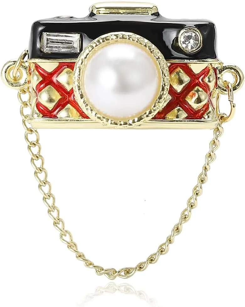 Camera Lapel Brooch Pin for Women Girls Gold Plated Chain Tassel Dangle Faux Pearl Rhinestone Pins Clip Sweater Hat Bag Dress Suit Brooches Fashion Jewelry Gifts Photographers