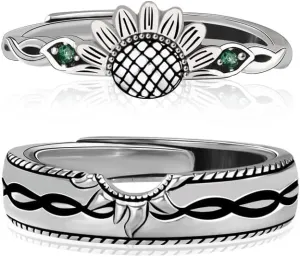 Carol&Allen 925 Sterling Silver Couple Rings Sunflower and Sun Adjustable Loose Band Rings