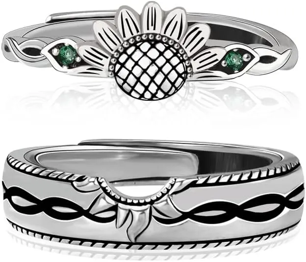 Carol&Allen 925 Sterling Silver Couple Rings Sunflower and Sun Adjustable Loose Band Rings