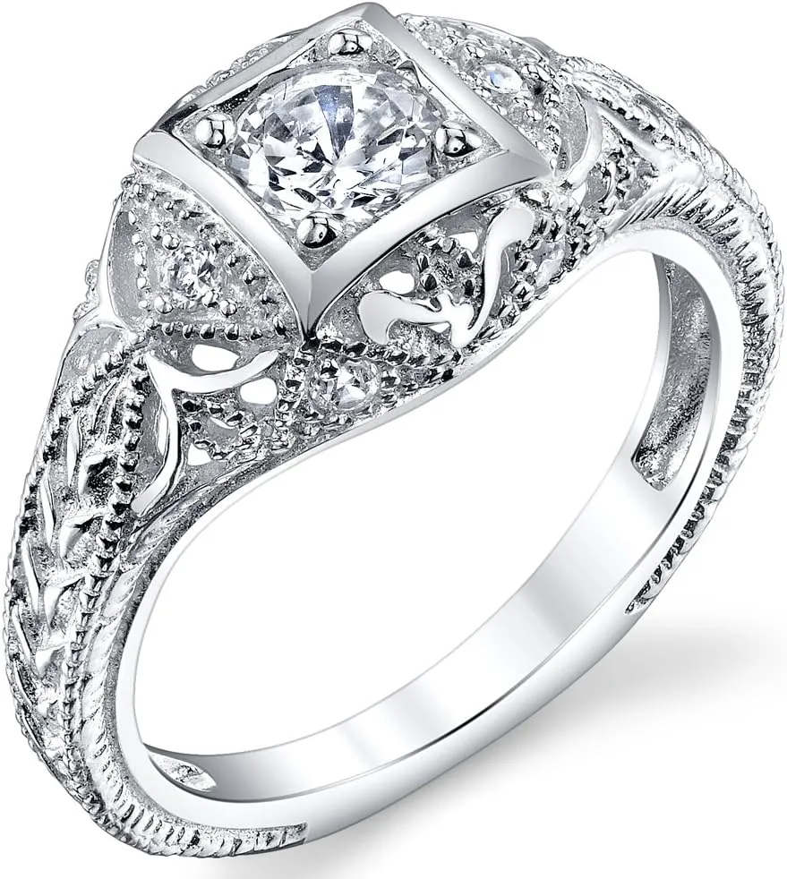 Carved Sterling Silver Vintage Cubic Zirconia CZ Bridal & Engagement Ring Sizes 5 to 9