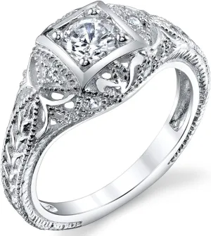 Carved Sterling Silver Vintage Cubic Zirconia CZ Bridal & Engagement Ring Sizes 5 to 9