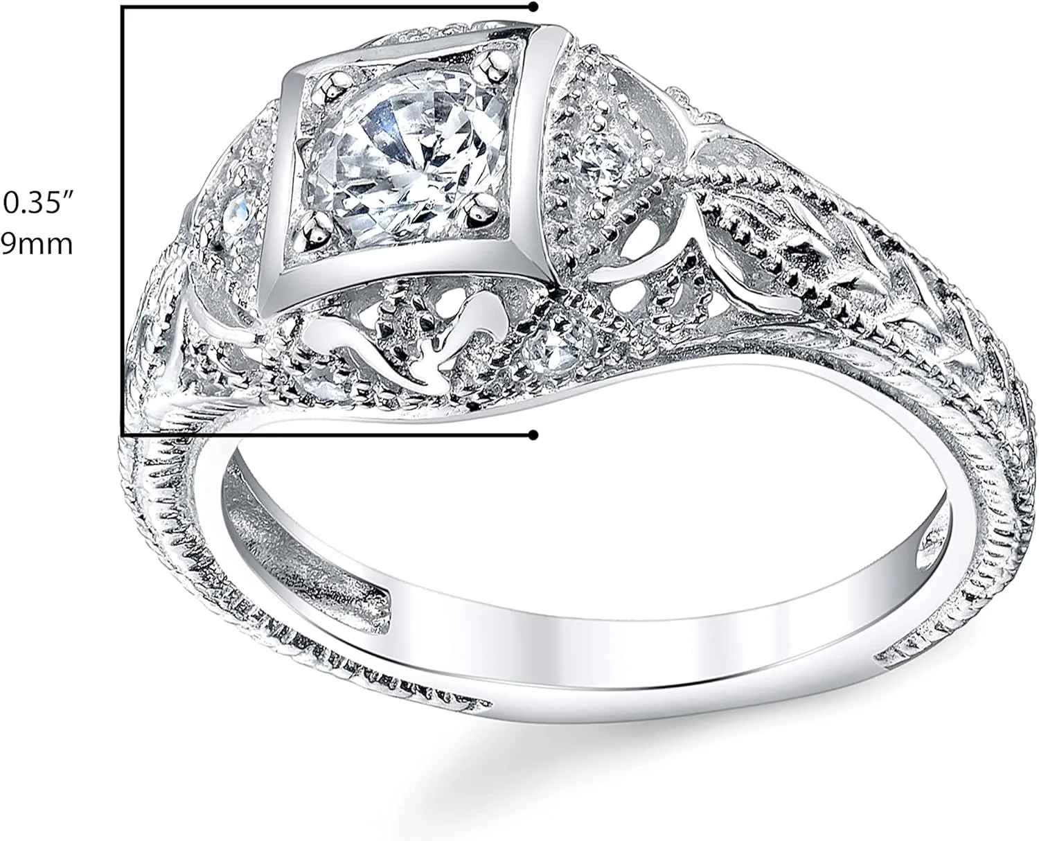 Carved Sterling Silver Vintage Cubic Zirconia CZ Bridal & Engagement Ring Sizes 5 to 9