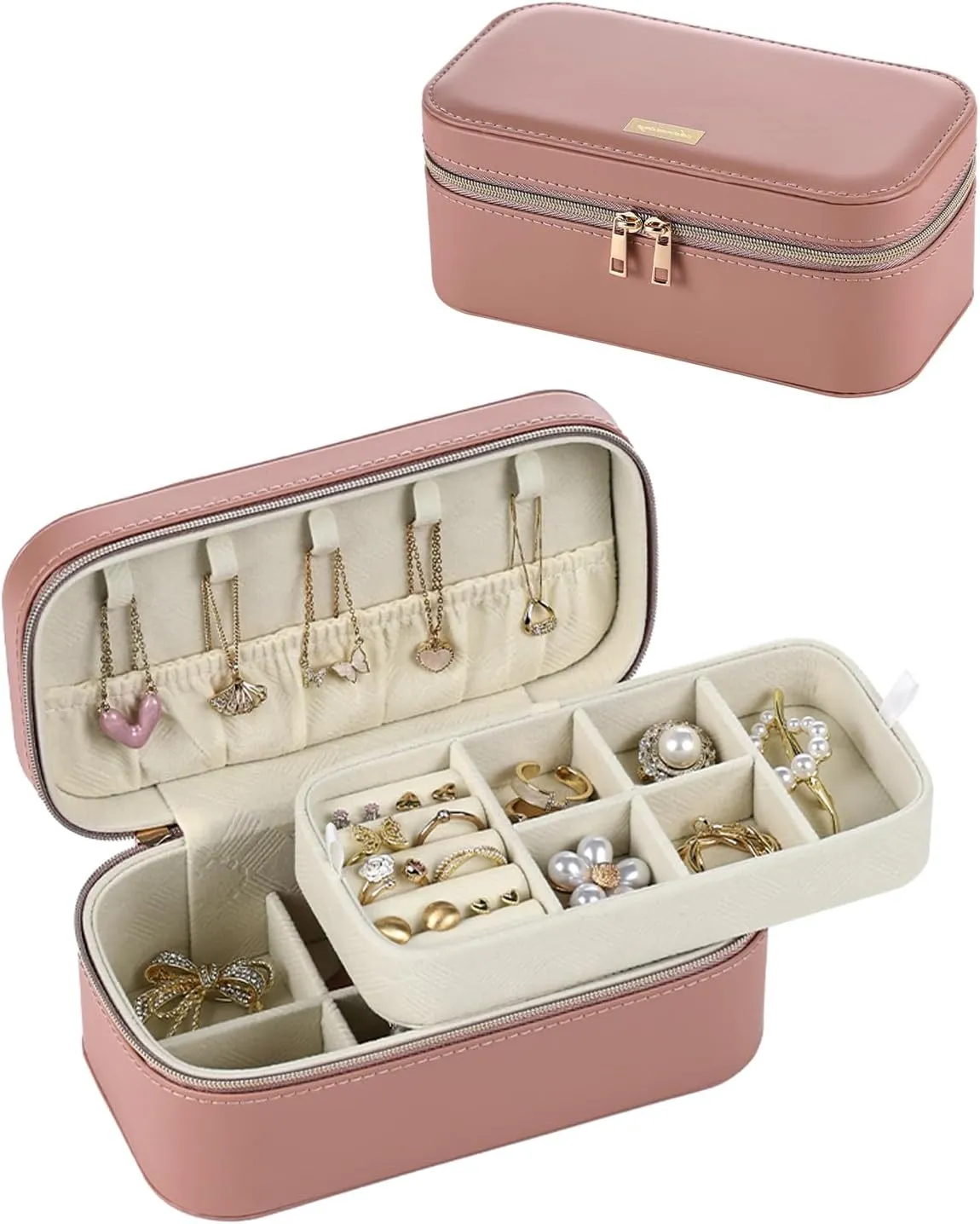 CASEGRACE Travel Jewelry Case,2-Layer Jewelry Holder Organizer Display Box,7.08x 3.8x 3 .1Inches Portable Jewelry Box for Necklace Earring Rings Bracelet Sunglasses lipstick Best Gift (Pink)