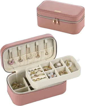 CASEGRACE Travel Jewelry Case,2-Layer Jewelry Holder Organizer Display Box,7.08x 3.8x 3 .1Inches Portable Jewelry Box for Necklace Earring Rings Bracelet Sunglasses lipstick Best Gift (Pink)