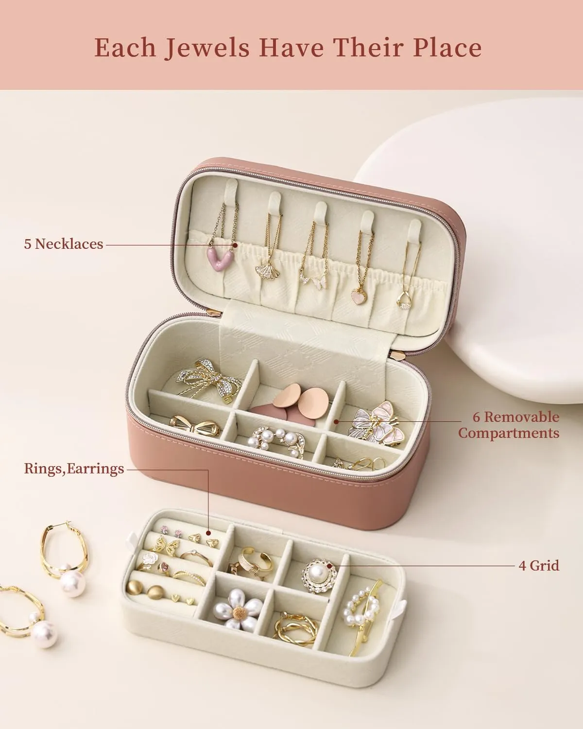 CASEGRACE Travel Jewelry Case,2-Layer Jewelry Holder Organizer Display Box,7.08x 3.8x 3 .1Inches Portable Jewelry Box for Necklace Earring Rings Bracelet Sunglasses lipstick Best Gift (Pink)