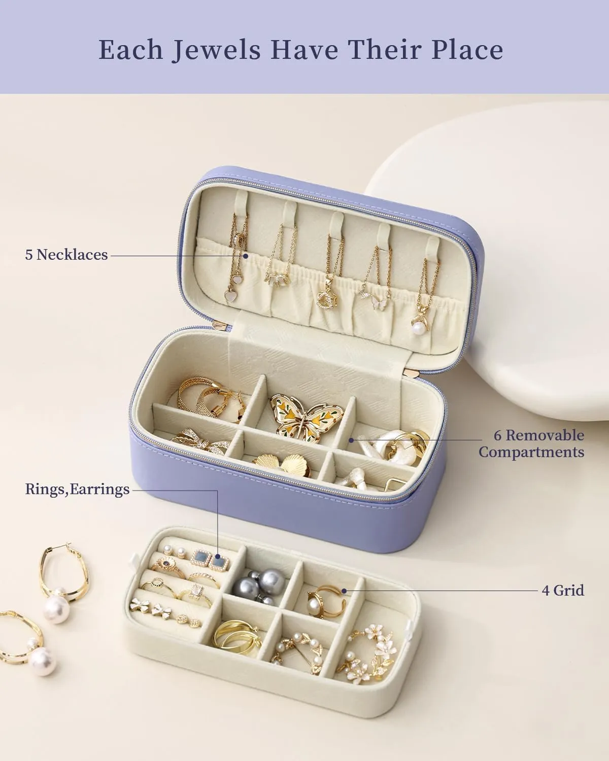 CASEGRACE Travel Jewelry Case,2-Layer Jewelry Holder Organizer Display Box,7.08x 3.8x 3 .1Inches Portable Jewelry Box for Necklace Earring Rings Bracelet Sunglasses lipstick Best Gift (Purple)