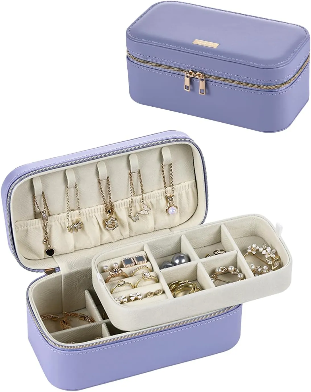CASEGRACE Travel Jewelry Case,2-Layer Jewelry Holder Organizer Display Box,7.08x 3.8x 3 .1Inches Portable Jewelry Box for Necklace Earring Rings Bracelet Sunglasses lipstick Best Gift (Purple)