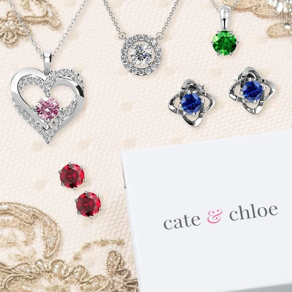 Cate & Chloe White Gold Birthstone Stud Earrings, 18k Gold Plated Earrings with 1ct Genuine Gemstone Crystals, Birthstone Jewelry for Women