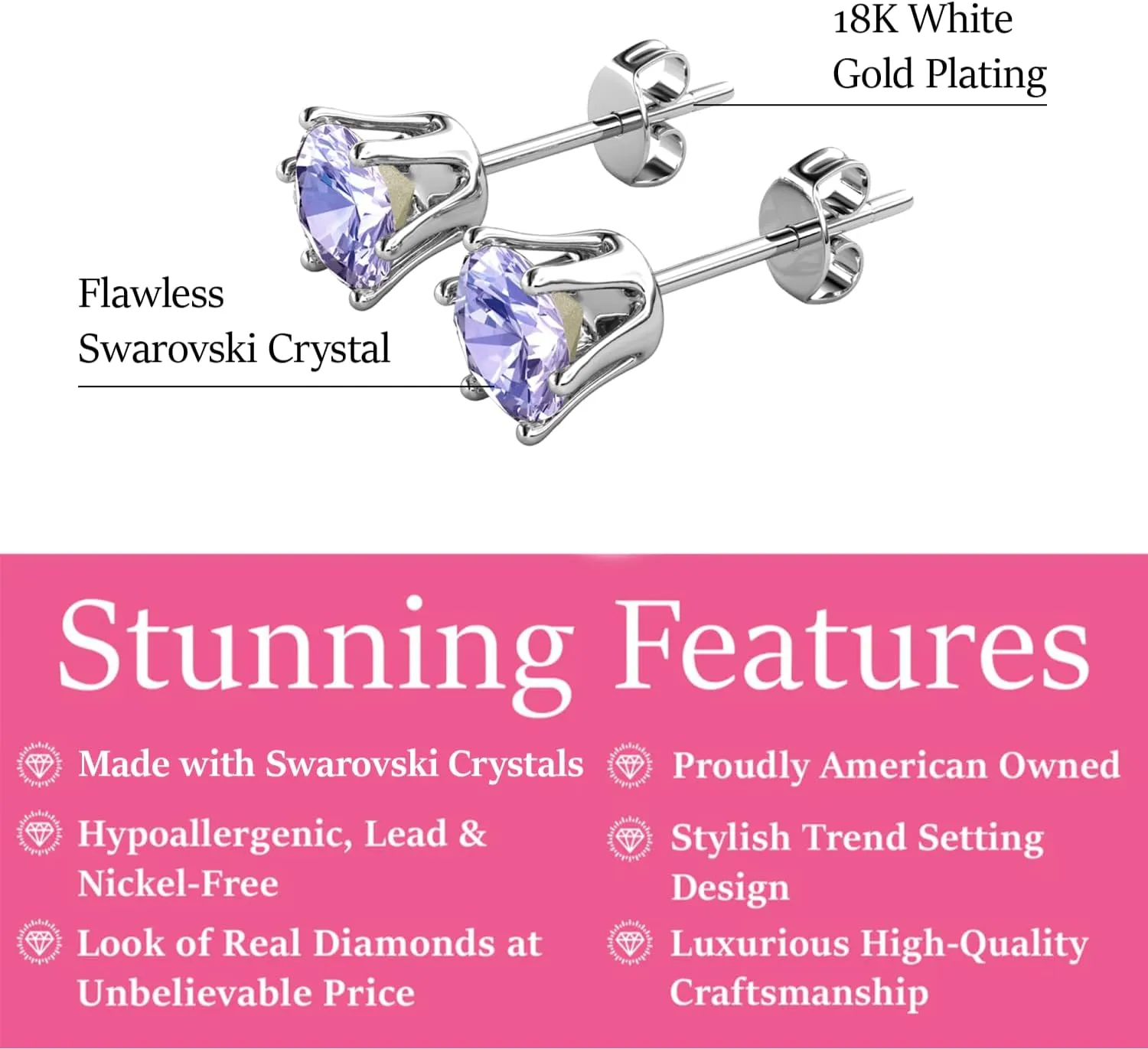 Cate & Chloe White Gold Birthstone Stud Earrings, 18k Gold Plated Earrings with 1ct Genuine Gemstone Crystals, Birthstone Jewelry for Women