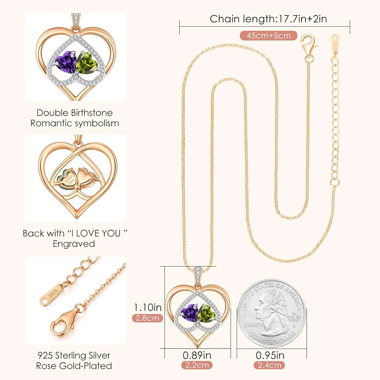 CDE Rose Gold Double Birthstone Necklace for Women, Personalized Pendant Jewelry Mothers Day Birthday Gift for Mom Wife