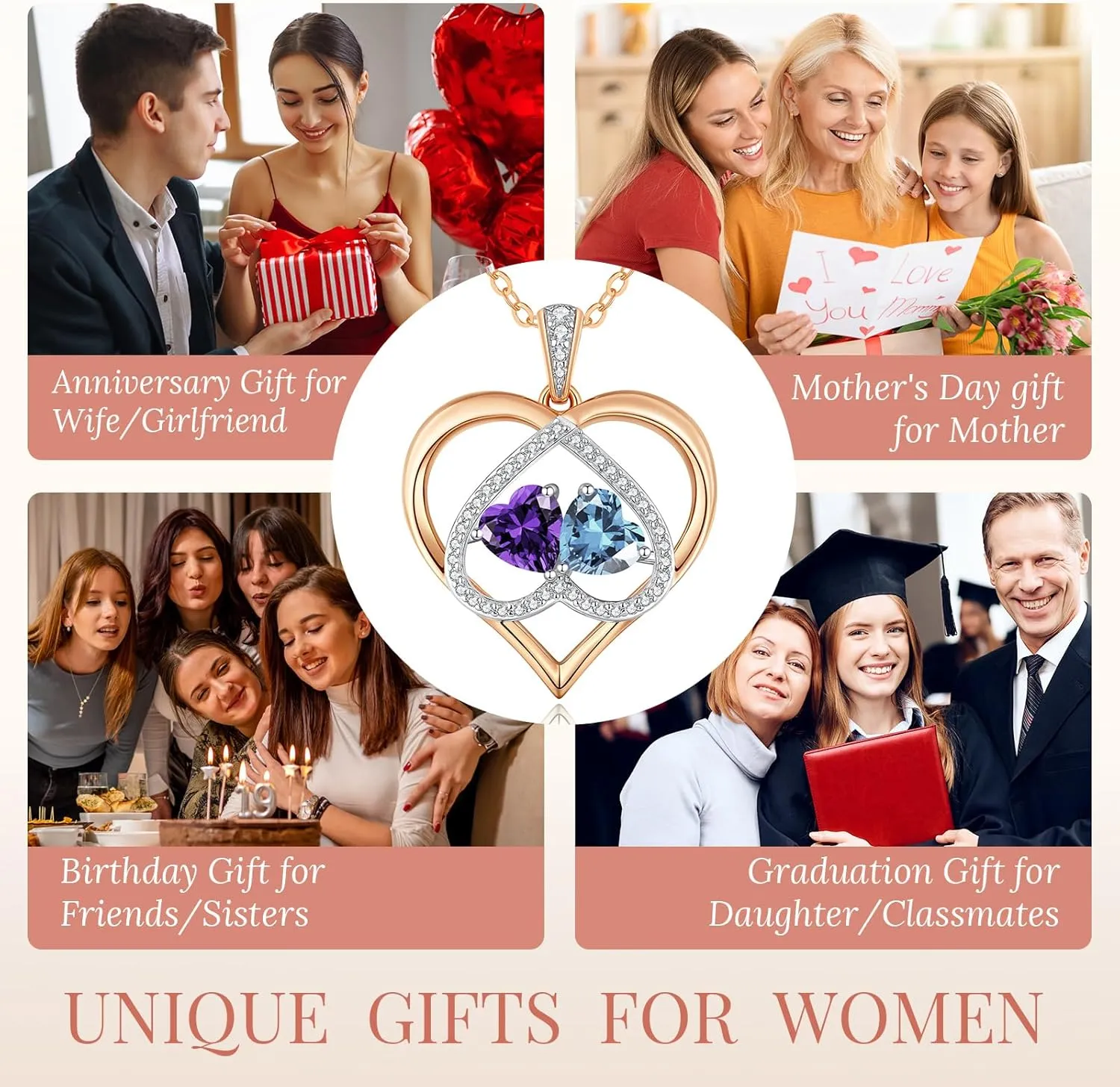 CDE Rose Gold Double Birthstone Necklace for Women, Personalized Pendant Jewelry Mothers Day Birthday Gift for Mom Wife