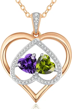 CDE Rose Gold Double Birthstone Necklace for Women, Personalized Pendant Jewelry Mothers Day Birthday Gift for Mom Wife