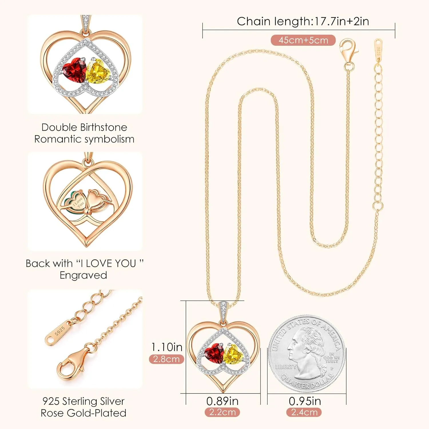 CDE Rose Gold Double Birthstone Necklace for Women, Personalized Pendant Jewelry Mothers Day Birthday Gift for Mom Wife