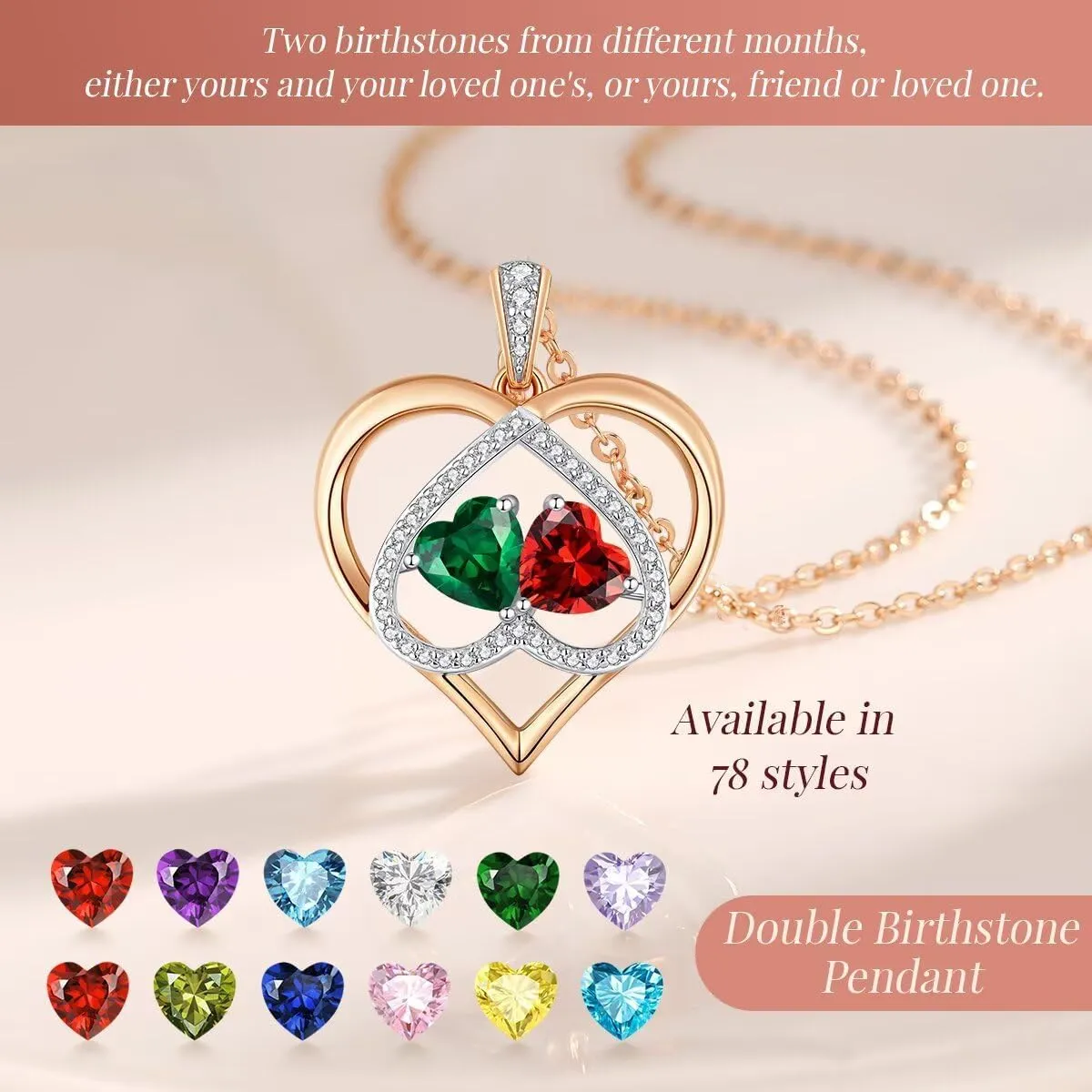 CDE Rose Gold Double Birthstone Necklace for Women, Personalized Pendant Jewelry Mothers Day Birthday Gift for Mom Wife