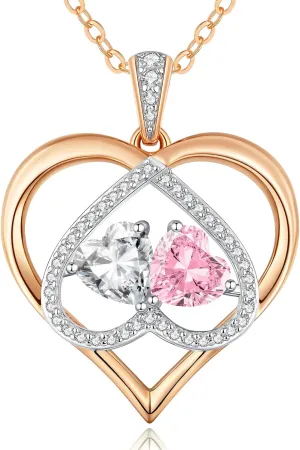 CDE Rose Gold Double Birthstone Necklace for Women, Personalized Pendant Jewelry Mothers Day Birthday Gift for Mom Wife