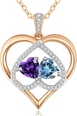 CDE Rose Gold Double Birthstone Necklace for Women, Personalized Pendant Jewelry Mothers Day Birthday Gift for Mom Wife
