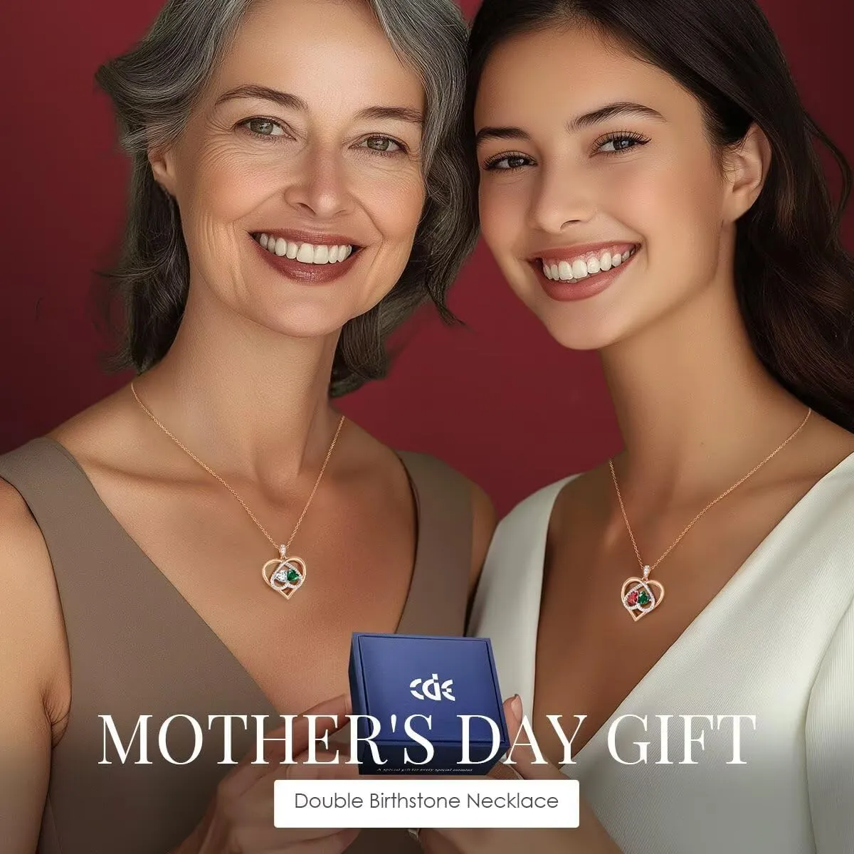 CDE Rose Gold Double Birthstone Necklace for Women, Personalized Pendant Jewelry Mothers Day Birthday Gift for Mom Wife