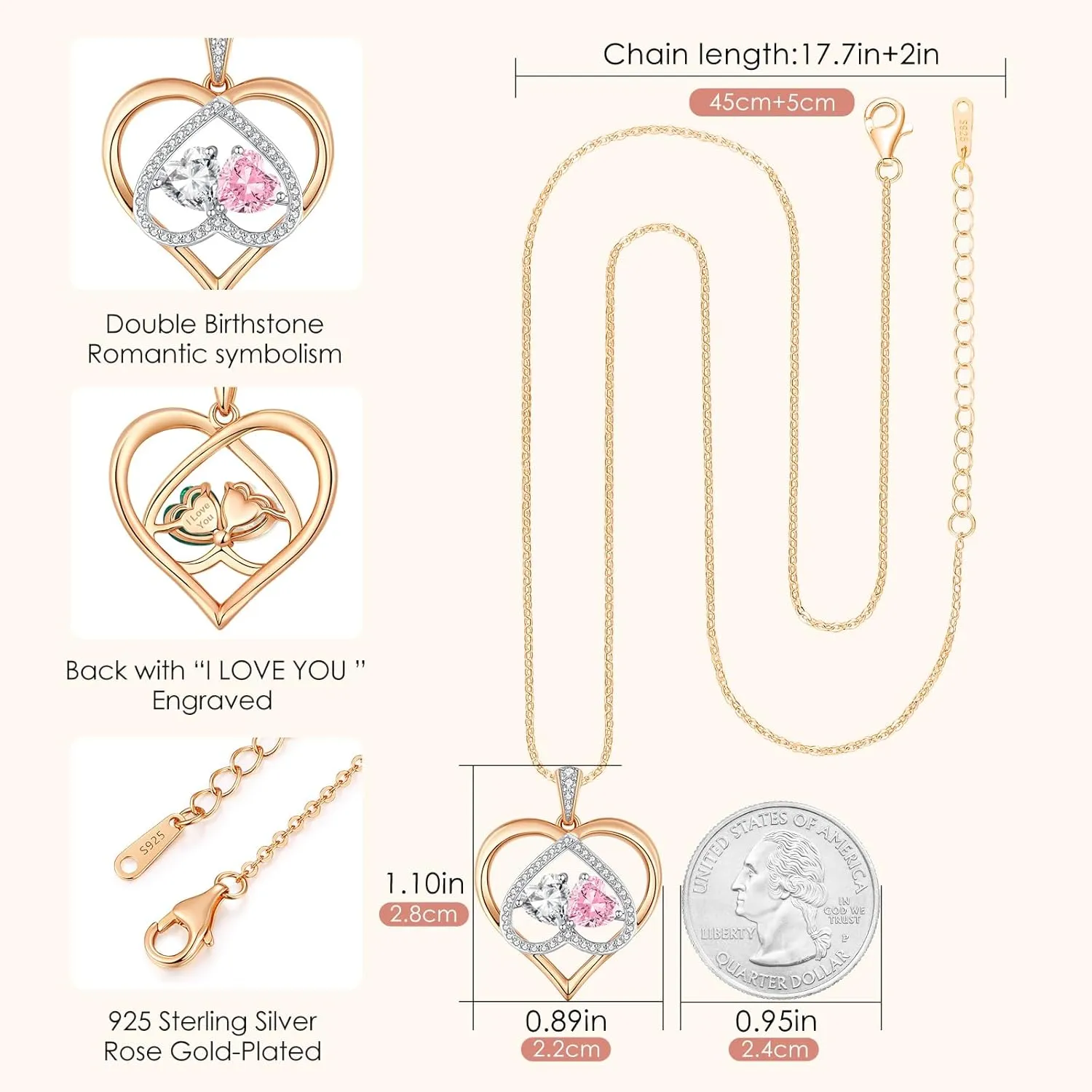 CDE Rose Gold Double Birthstone Necklace for Women, Personalized Pendant Jewelry Mothers Day Birthday Gift for Mom Wife