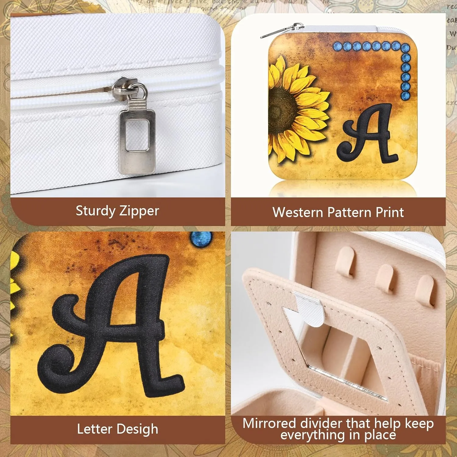 CEELGON Western Travel Jewelry Box Case Teenage Girls Gifts Cowgirl Stuff Sunflower Travel Essentials Jewelry Organizer Gifts for Mom Initial Portable Travel Accessories for Women -White B